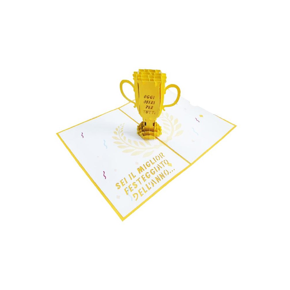 Biglietto di compleanno pop-up con trofeo 3D dorato e scritta ironica