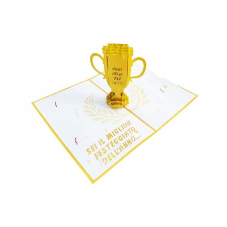 Biglietto di compleanno pop-up con trofeo 3D dorato e scritta ironica