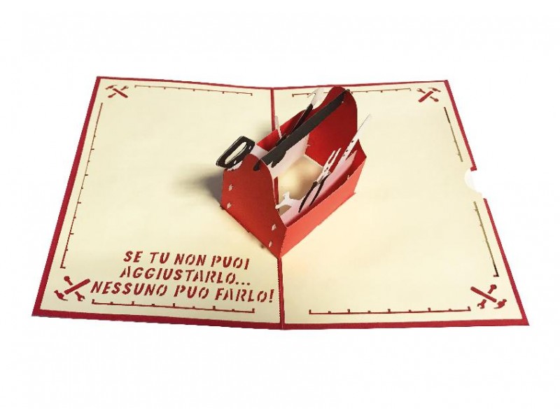 Biglietto pop-up con cassetta degli attrezzi 3D rossa e frase divertente