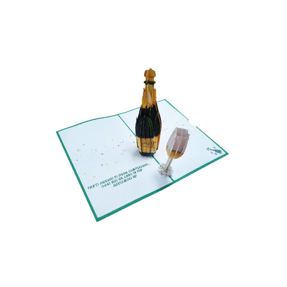Biglietto pop-up compleanno con bottiglia e bicchiere 3D tra coriandoli