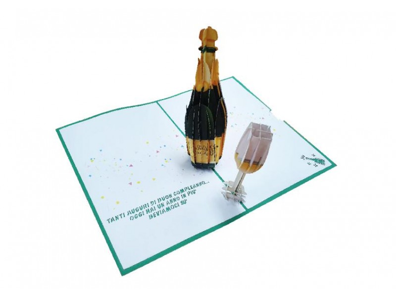 Biglietto pop-up compleanno con bottiglia e bicchiere 3D tra coriandoli