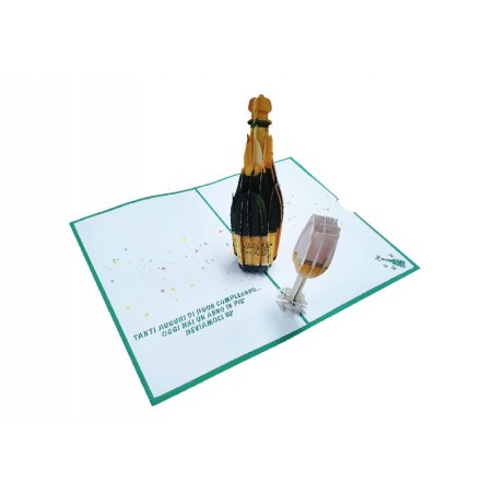 Biglietto pop-up compleanno con bottiglia e bicchiere 3D tra coriandoli