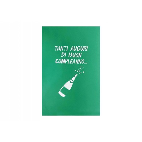 Copertina biglietto verde con bottiglia stilizzata e scritta “Tanti auguri di buon compleanno”