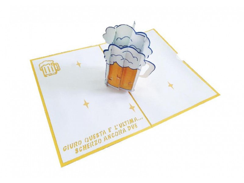 Biglietto di compleanno birra pop-up giallo con testo ironico “Giuro questa è l’ultima…”