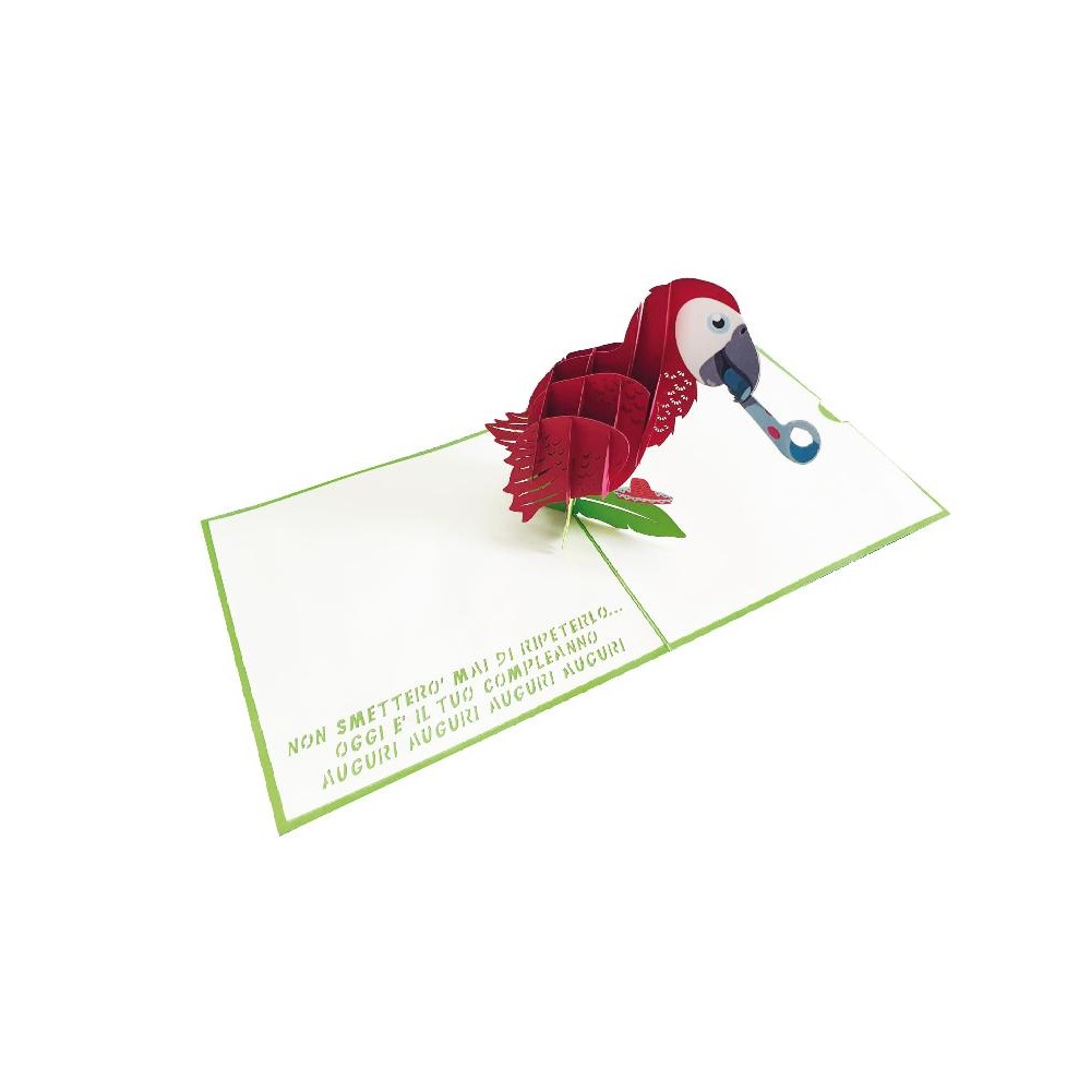 Biglietto di compleanno con pappagallo pop-up 3D e copertina verde con megafono