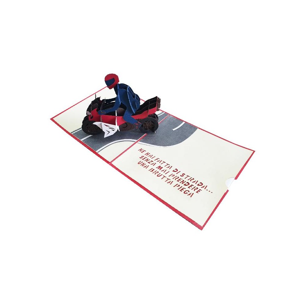 Biglietto pensionamento pop-up moto rosso con frase ironica