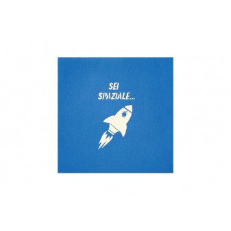 Biglietto pop-up Sei Spaziale con razzo bianco su sfondo blu