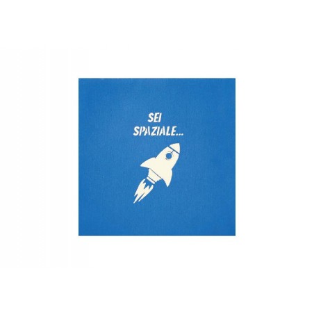 Biglietto pop-up Sei Spaziale con razzo bianco su sfondo blu