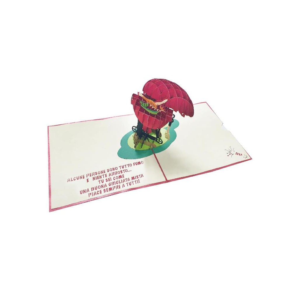 Biglietto pop-up aperto con barbecue 3D colorato e frase divertente