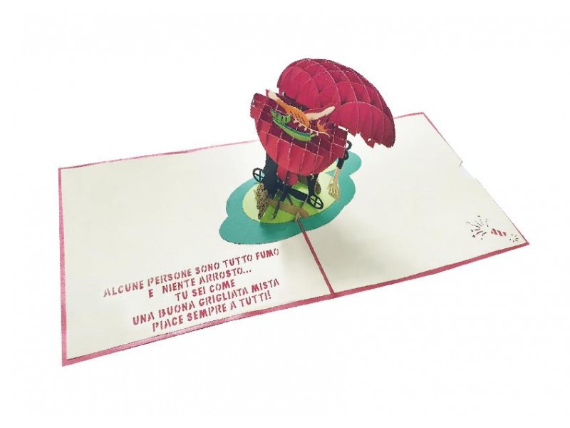 Biglietto pop-up aperto con barbecue 3D colorato e frase divertente