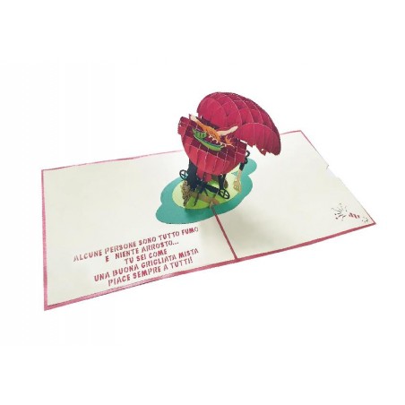 Biglietto pop-up aperto con barbecue 3D colorato e frase divertente