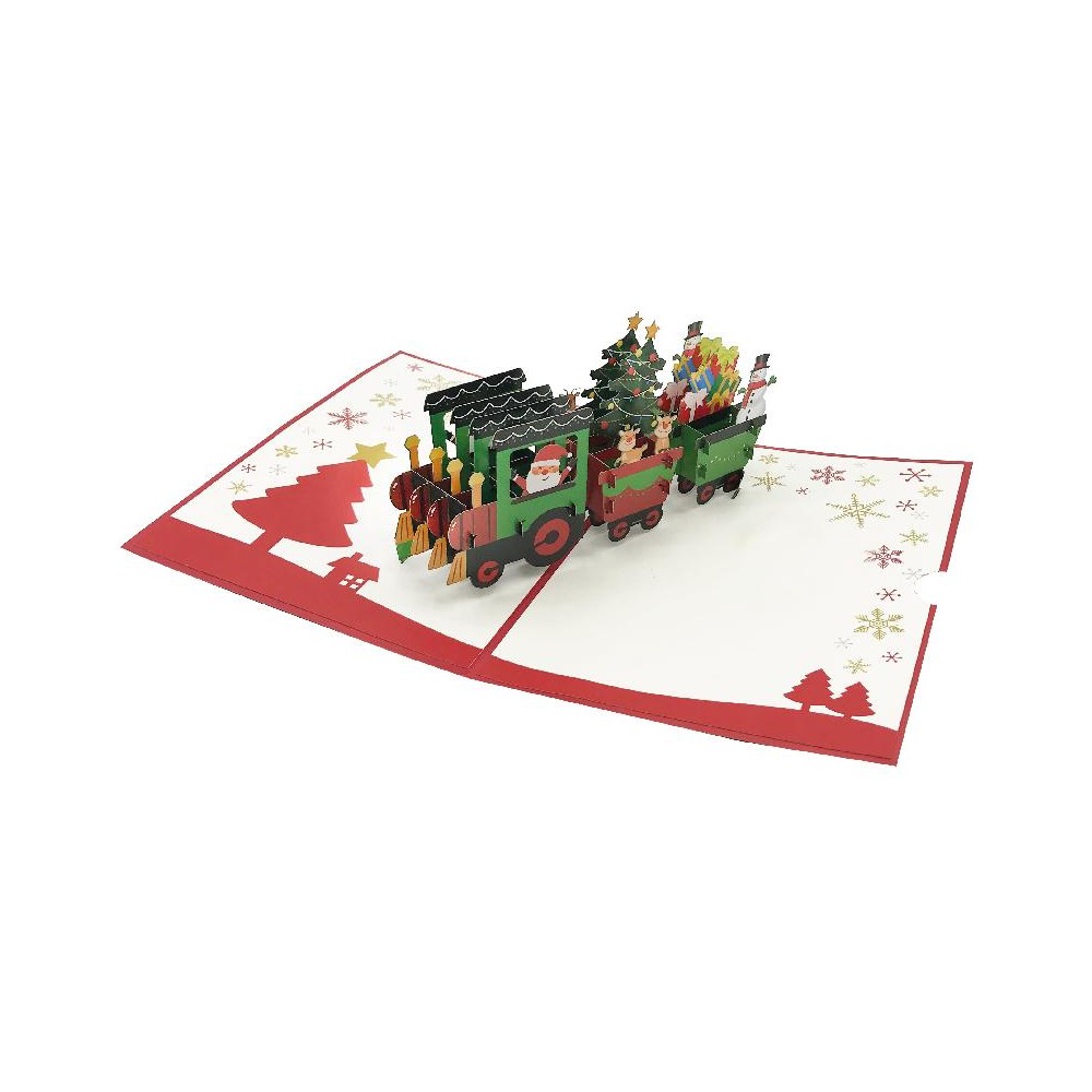 Interno biglietto pop-up 3D trenino natalizio con Babbo Natale e regali