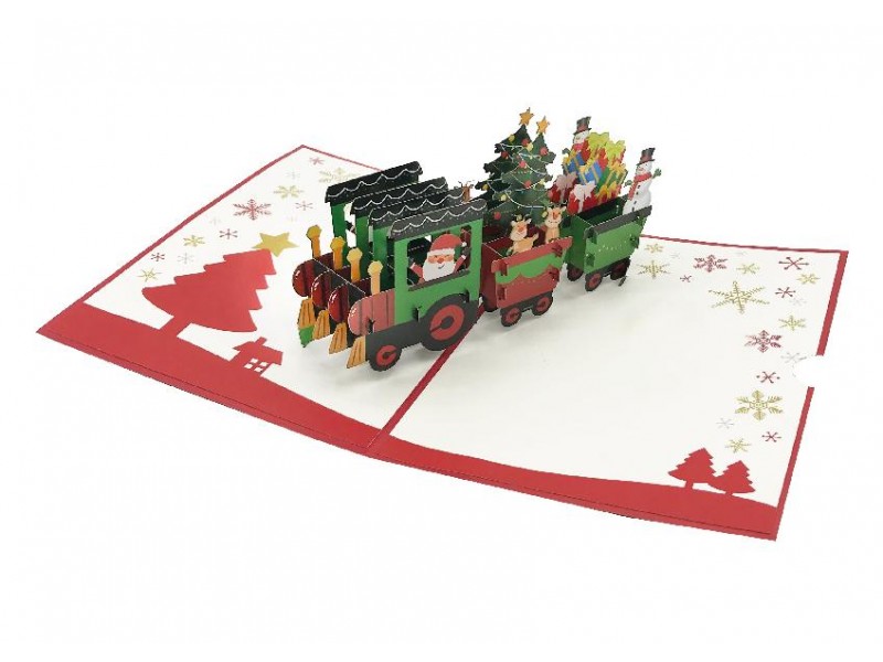 Interno biglietto pop-up 3D trenino natalizio con Babbo Natale e regali