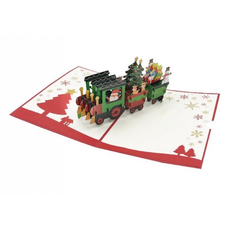 Interno biglietto pop-up 3D trenino natalizio con Babbo Natale e regali