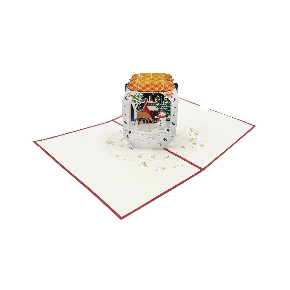 Interno biglietto pop-up 3D con renna, casa innevata e pupazzo di neve