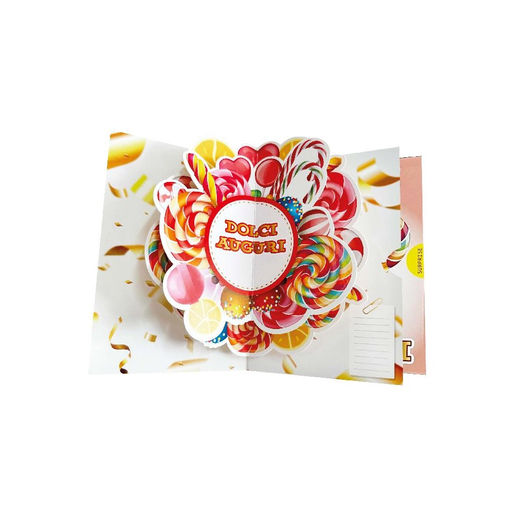 Biglietto “Dolci Auguri” con caramelle e lecca-lecca pop-up multicolori