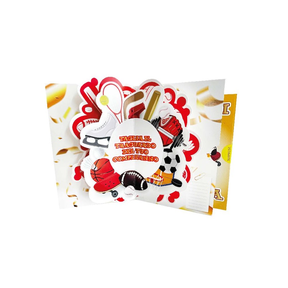 Biglietto compleanno atleta pop-up con sport e scritta “Taglia il traguardo del tuo compleanno”
