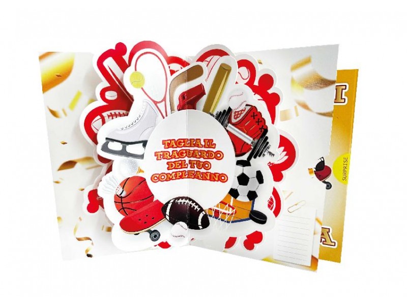 Biglietto compleanno atleta pop-up con sport e scritta “Taglia il traguardo del tuo compleanno”