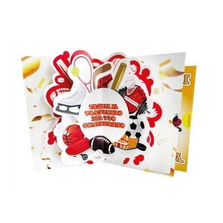Biglietto compleanno atleta pop-up con sport e scritta “Taglia il traguardo del tuo compleanno”