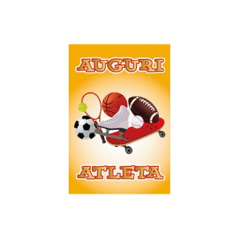 Copertina biglietto “Auguri Atleta” con palloni e attrezzi sportivi