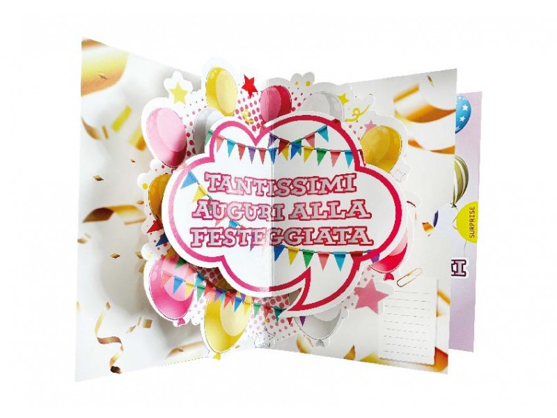 Biglietto pop-up con palloncini e scritta “Tantissimi auguri alla festeggiata”
