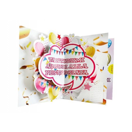 Biglietto pop-up con palloncini e scritta “Tantissimi auguri alla festeggiata”