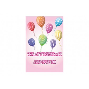 Copertina rosa con palloncini colorati e scritta “Tantissimi auguri”