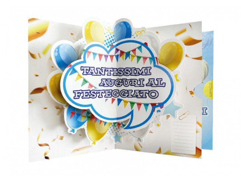 Biglietto di compleanno con palloncini colorati e scritta “Tantissimi Auguri”