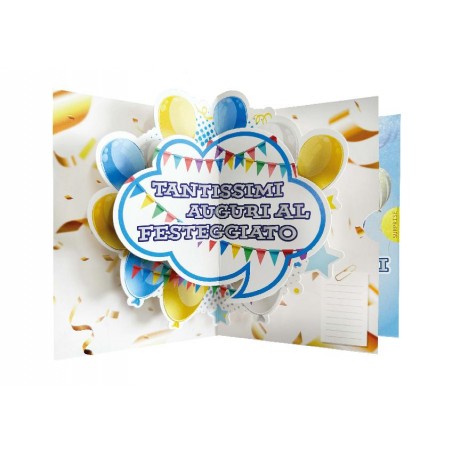 Biglietto di compleanno con palloncini colorati e scritta “Tantissimi Auguri”