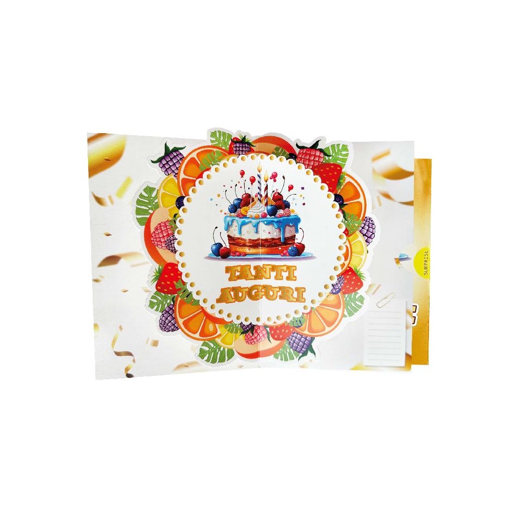Biglietto compleanno pop-up con torta e scritta “Buon Compleanno”