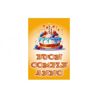 Interno 3D con torta di frutta, scritta “Tanti Auguri” e decorazioni colorate
