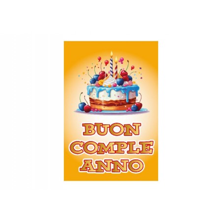Interno 3D con torta di frutta, scritta “Tanti Auguri” e decorazioni colorate
