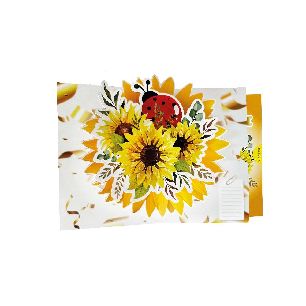 Biglietto auguri girasoli pop-up con coccinella su sfondo arancio