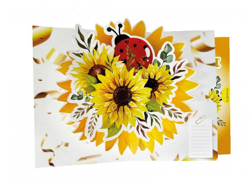 Biglietto auguri girasoli pop-up con coccinella su sfondo arancio
