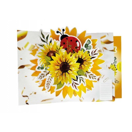 Biglietto auguri girasoli pop-up con coccinella su sfondo arancio