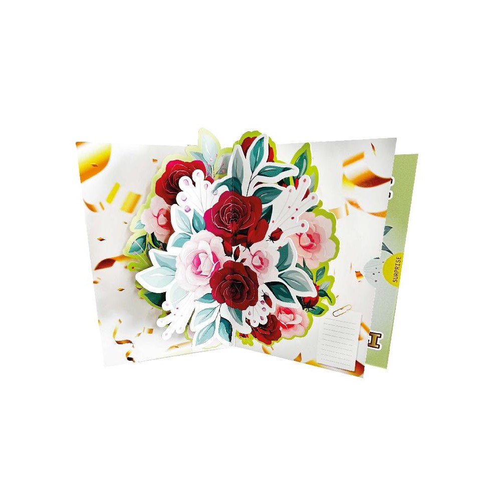 Biglietto pop-up 3D con rose rosse e rosa, copertina verde