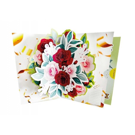 Biglietto pop-up 3D con rose rosse e rosa, copertina verde