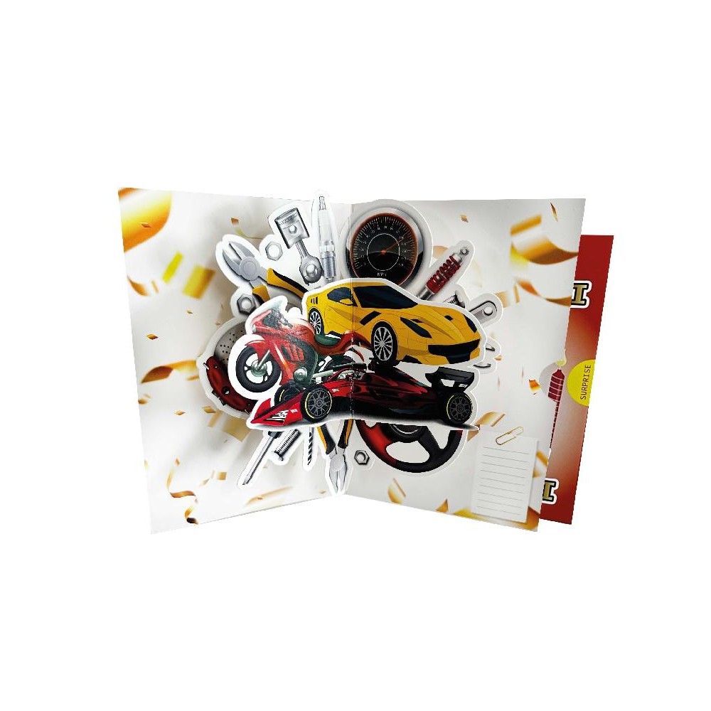 Biglietto compleanno motori pop-up con candeline su sfondo arancio
