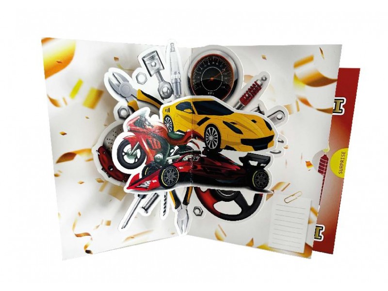 Biglietto compleanno motori pop-up con candeline su sfondo arancio