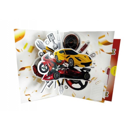 Biglietto compleanno motori pop-up con candeline su sfondo arancio