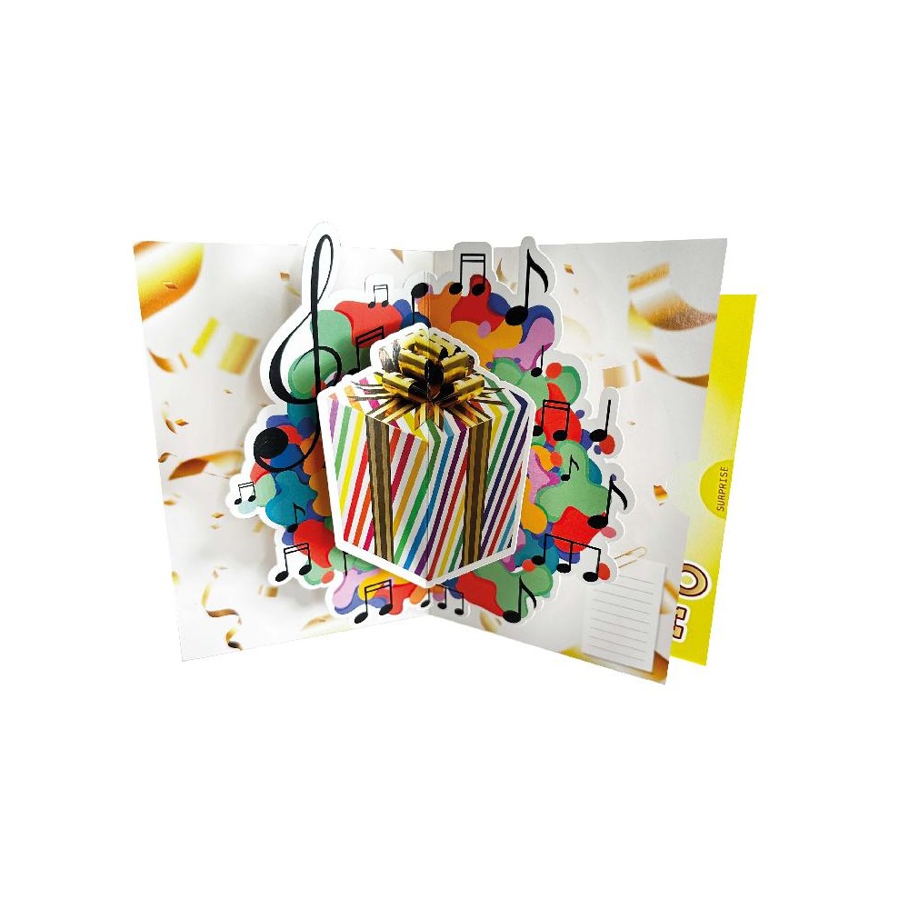 Biglietto pop-up con pacco regalo multicolore e scritta “Un regalo per te”