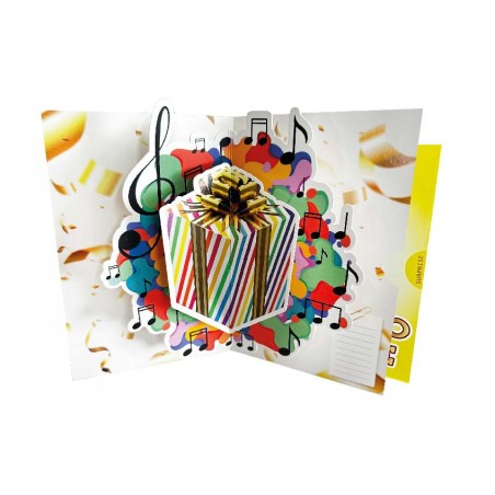 Biglietto pop-up con pacco regalo multicolore e scritta “Un regalo per te”