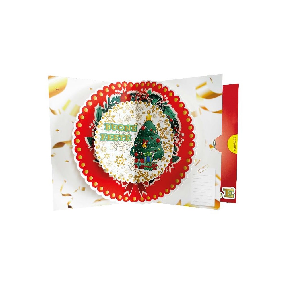Interno biglietto pop-up con scritta Buone Feste e albero tridimensionale