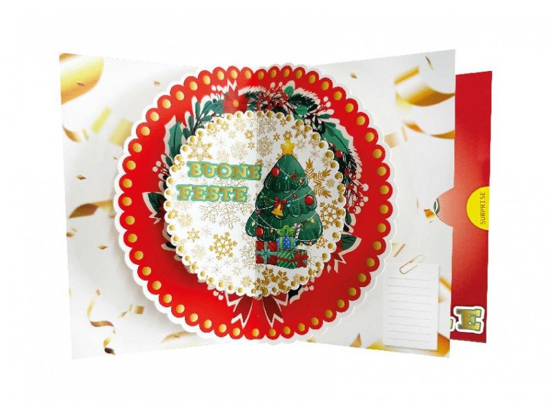 Interno biglietto pop-up con scritta Buone Feste e albero tridimensionale
