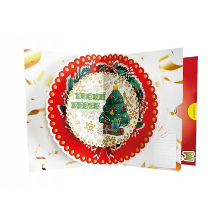 Interno biglietto pop-up con scritta Buone Feste e albero tridimensionale