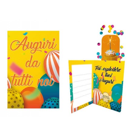 Biglietto Esplosivo Auguri da Tutti Noi - interno con coriandoli e dedica festosa