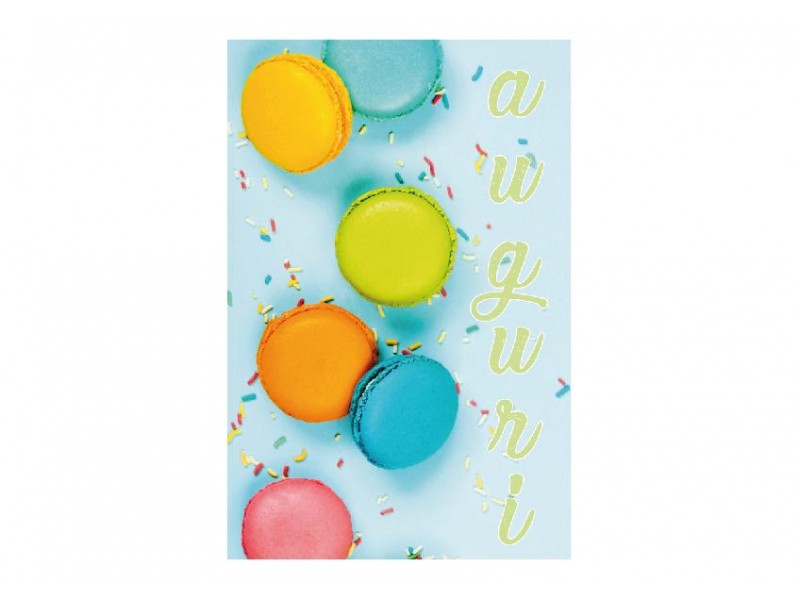 Biglietto esplosivo macaron con scritta auguri e colori pastello