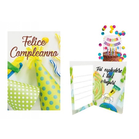 Interno biglietto compleanno con coriandoli e scritta Happy Birthday