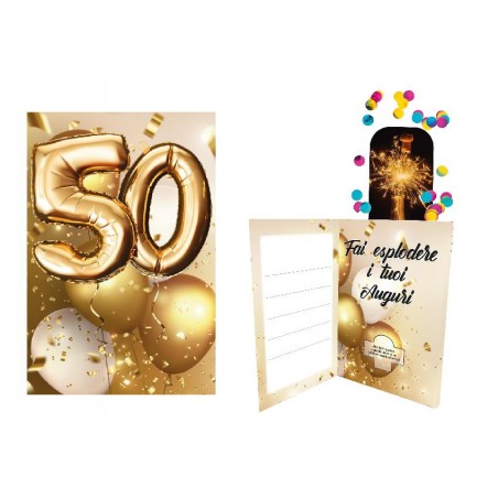 Interno biglietto 50 Gold con coriandoli e bottiglia