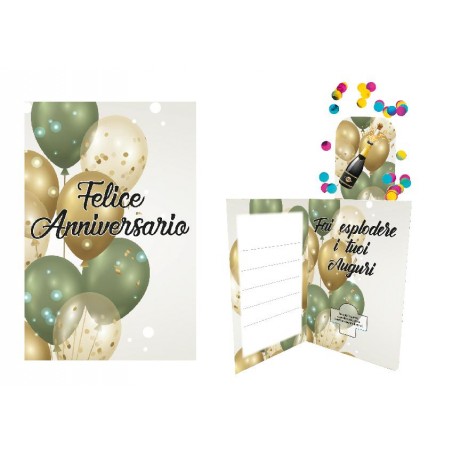 Interno biglietto anniversario con coriandoli e champagne